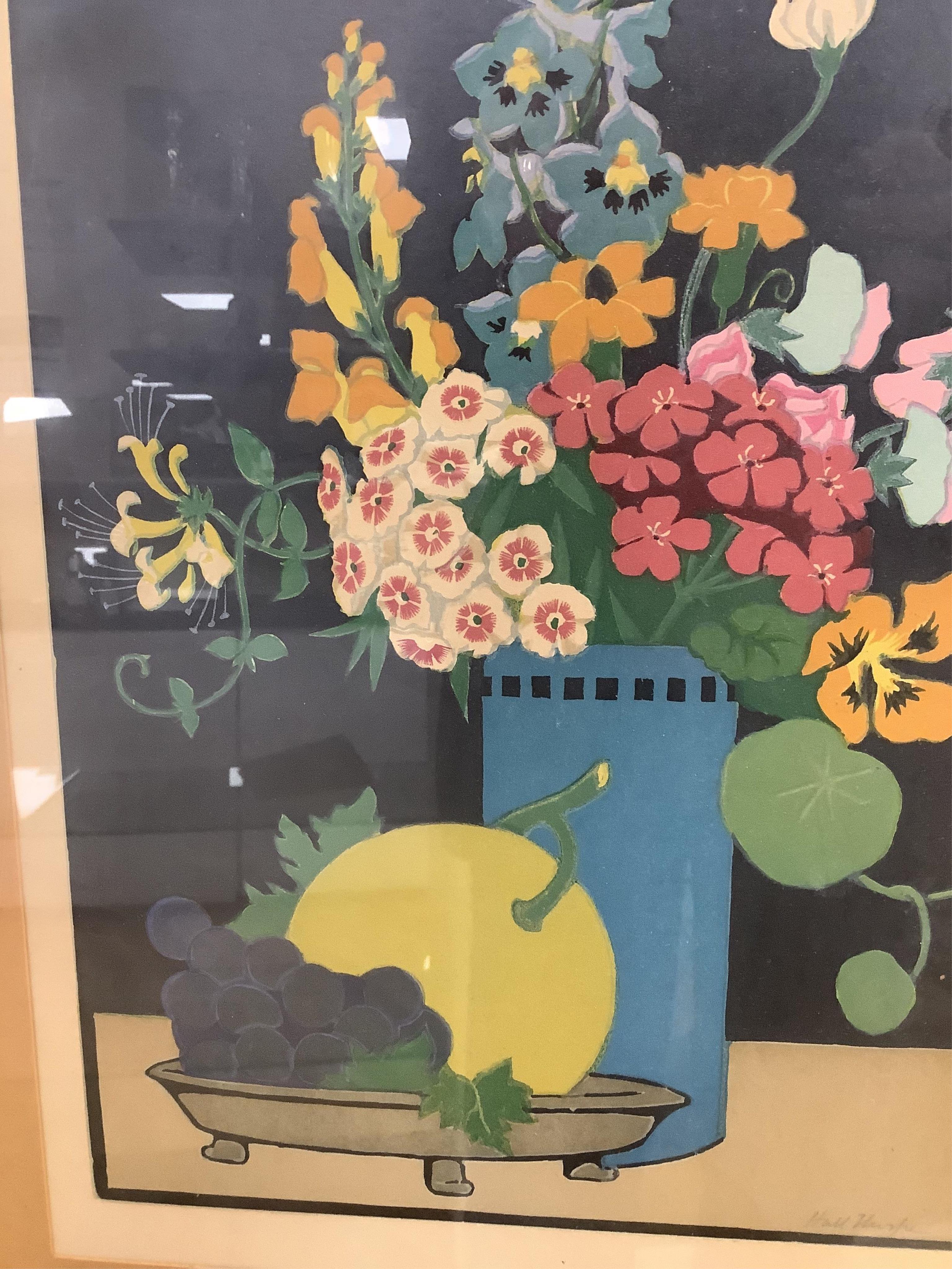 John Hall Thorpe (1874-1947), woodblock engraving, Still life of flowers and fruit, signed in pencil, 44 x 29cm. Condition - fair, some fading